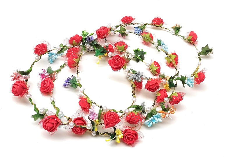 FASH GIRLYZ ATTIRE Leaf Flower Crown Garland Headpiece Handmade Colorful Roses Floral Wreath Tiara With Prag Headbands for Bridal Birthday Pre Wedding Shoot College Farewell Pack of 2 - Image 3