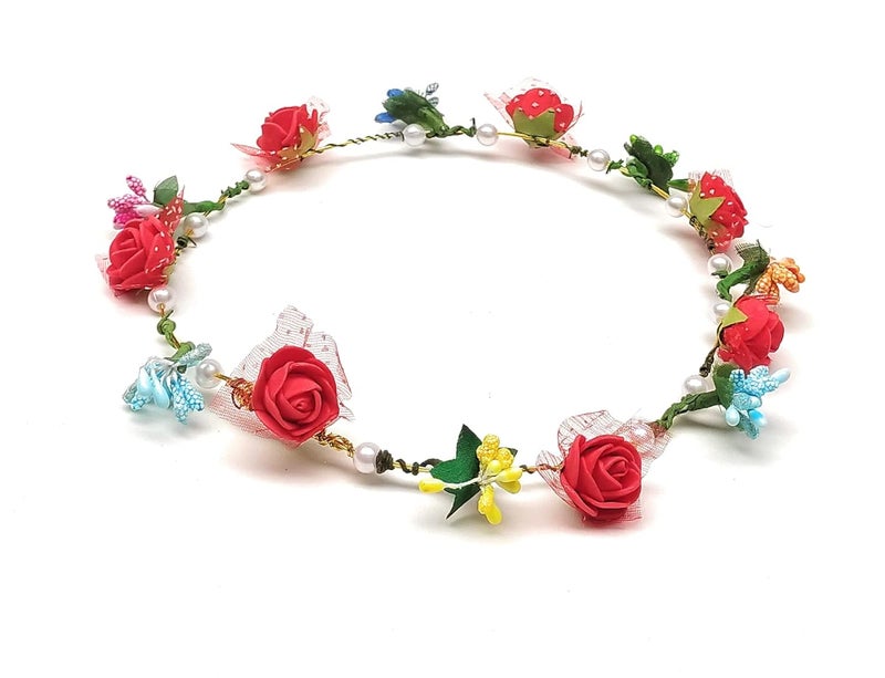 FASH GIRLYZ ATTIRE Leaf Flower Crown Garland Headpiece Handmade Colorful Roses Floral Wreath Tiara With Prag Headbands for Bridal Birthday Pre Wedding Shoot College Farewell Pack of 2 - Image 5