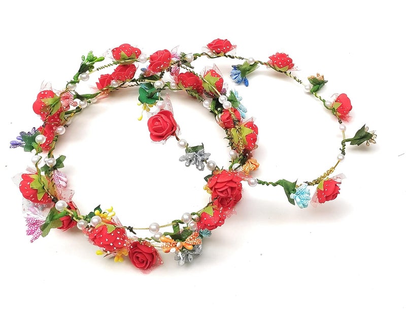 FASH GIRLYZ ATTIRE Leaf Flower Crown Garland Headpiece Handmade Colorful Roses Floral Wreath Tiara With Prag Headbands for Bridal Birthday Pre Wedding Shoot College Farewell Pack of 2 - Image 4