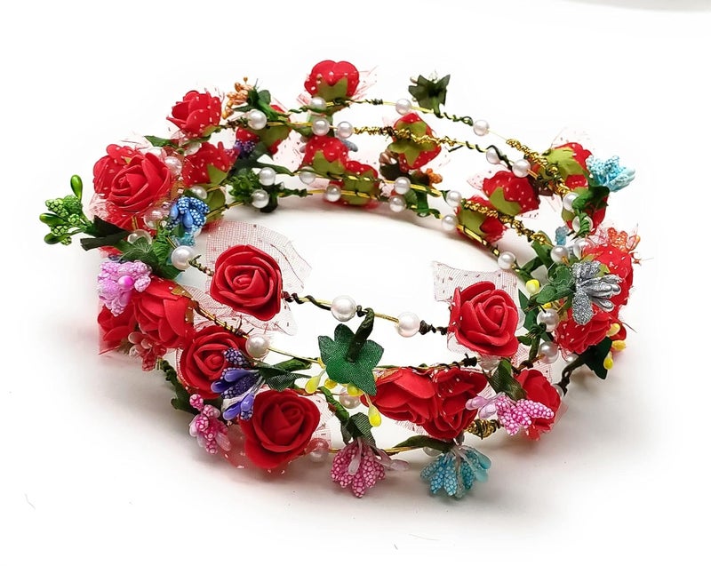 FASH GIRLYZ ATTIRE Leaf Flower Crown Garland Headpiece Handmade Colorful Roses Floral Wreath Tiara With Prag Headbands for Bridal Birthday Pre Wedding Shoot College Farewell Pack of 2 - Image 1