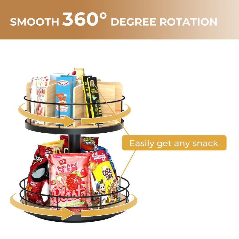 NANAGIFTREE Snack Organizer - Versatile Snack Storage 2 Tier Lazy Susan with Convenient Grab-and-Go Design, Wood and Metal Snack Holder for Home, Office, Breakroom, 12.13" L x 12.13" W x 12.56" H - Image 2