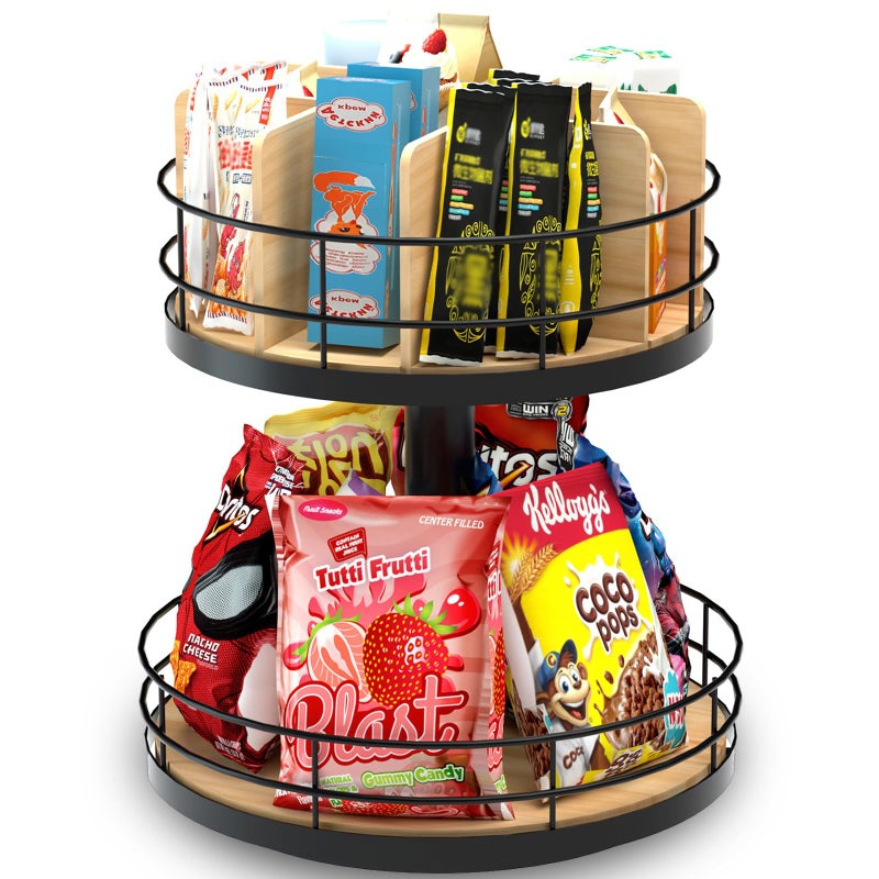 NANAGIFTREE Snack Organizer - Versatile Snack Storage 2 Tier Lazy Susan with Convenient Grab-and-Go Design, Wood and Metal Snack Holder for Home, Office, Breakroom, 12.13" L x 12.13" W x 12.56" H - Image 1