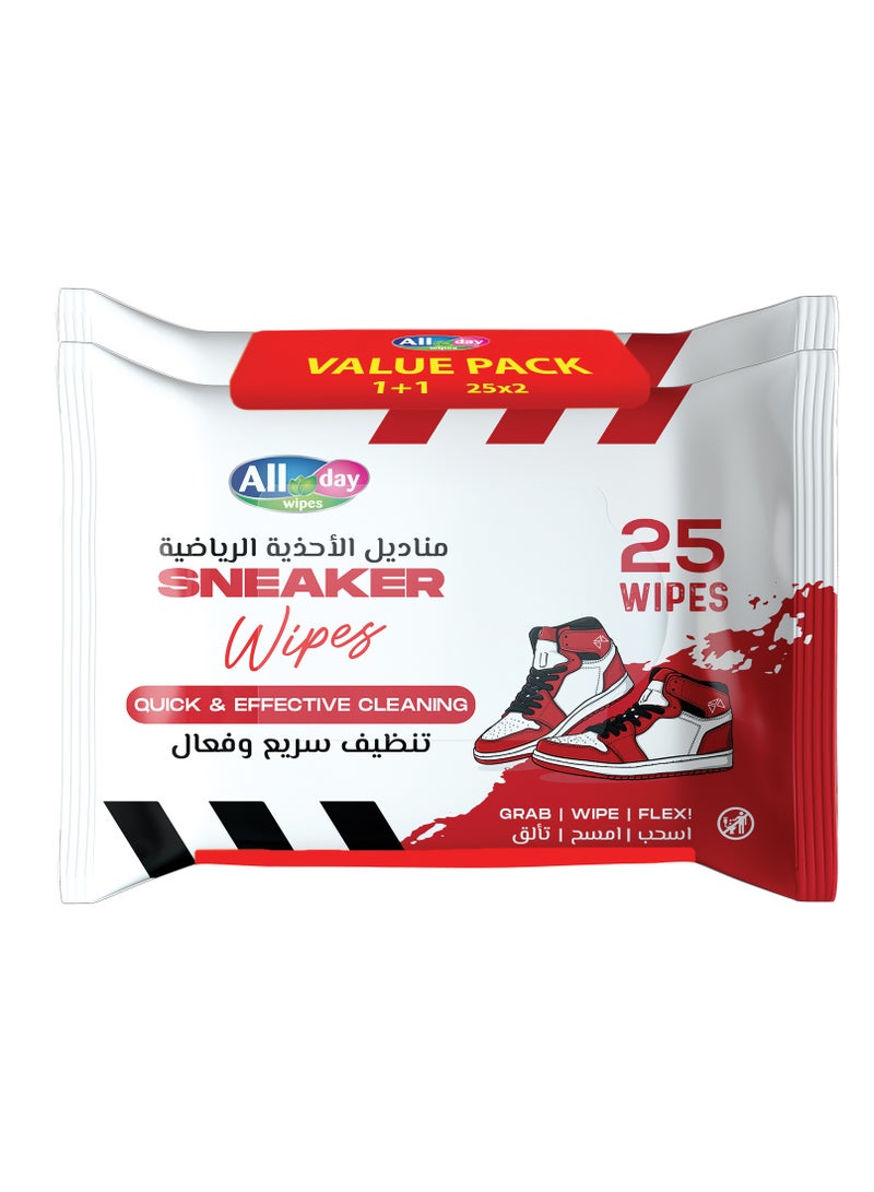 All day wipes All Day Sneaker Wet Wipes (Quick & Effective Cleaning)-25 Count Grab/Wipe/Flex : Instantly Removes Dirt, Scuffs, and Stains from all Sneaker Materials. ( Pack of 2) - Image 1
