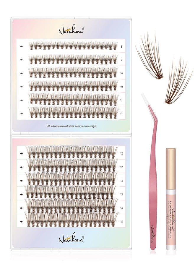 Natuhana Brown Lash Clusters Kit 240Pcs Wispy Natural Eyelash Extensions C Curl 8-15mm 20P Volume Individual DIY Lashes with Glue and Tweezers - Image 1