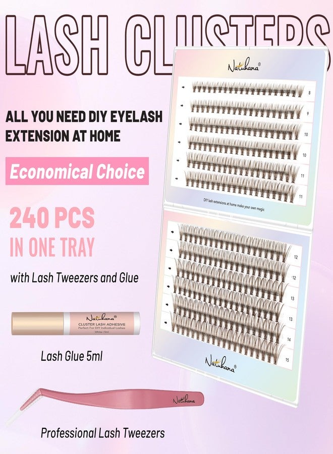 Natuhana Brown Lash Clusters Kit 240Pcs Wispy Natural Eyelash Extensions C Curl 8-15mm 20P Volume Individual DIY Lashes with Glue and Tweezers - Image 2