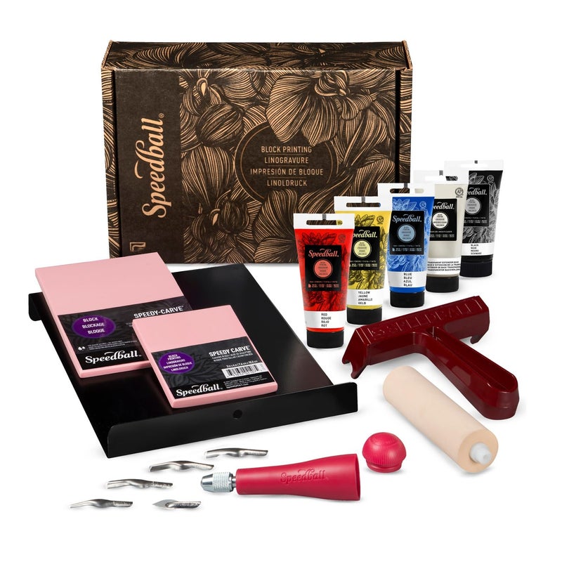 Speedball Deluxe Block Printing Kit - Includes Inks, Brayer, Bench Hook, Lino Handle and Cutters, Speedy-Carve Block, Mounted Linoleum Block (3472) - Image 1
