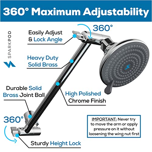 SparkPod 11" Solid Brass Shower Head Extension Arm - Flexible Height & Angle Adjustable Shower Arm Extension for Rain Showerheads with Sturdy Lock - Universal Pipe Connection (Luxury Polished Chrome) - Image 2