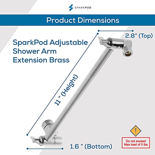 SparkPod 11" Solid Brass Shower Head Extension Arm - Flexible Height & Angle Adjustable Shower Arm Extension for Rain Showerheads with Sturdy Lock - Universal Pipe Connection (Luxury Polished Chrome) - Image 3