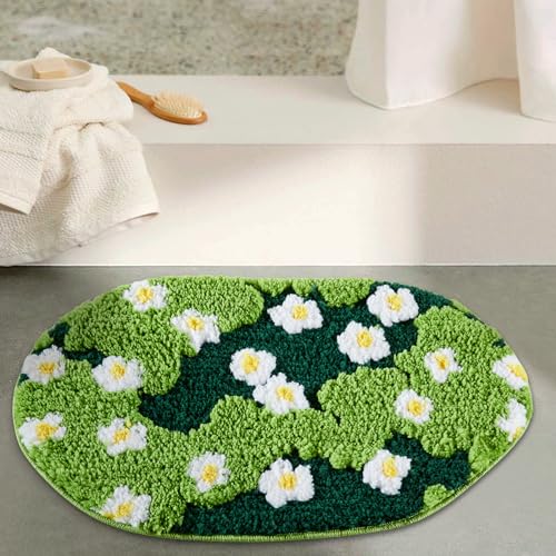 Ouyattle Cute Green Floral Bath Mat Microfiber Grass Bathroom Rug 20''W x 32''L Non Slip Washable, Modern Chic Boho Aesthetic Trendy Shaggy Bathroom Shower Floor Mat Absorbent - Image 2
