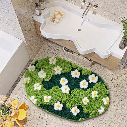Ouyattle Cute Green Floral Bath Mat Microfiber Grass Bathroom Rug 20''W x 32''L Non Slip Washable, Modern Chic Boho Aesthetic Trendy Shaggy Bathroom Shower Floor Mat Absorbent - Image 1