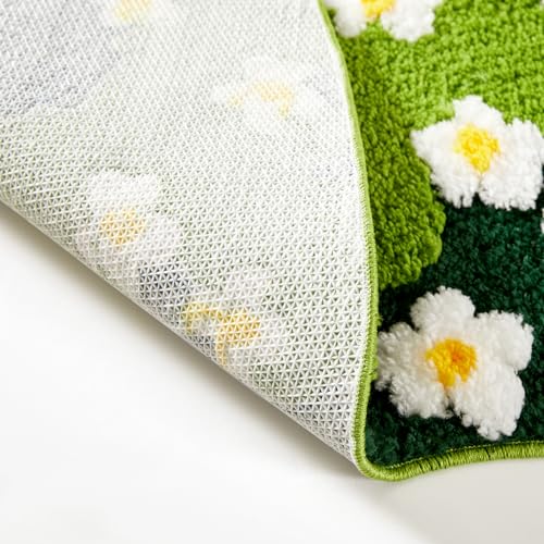 Ouyattle Cute Green Floral Bath Mat Microfiber Grass Bathroom Rug 20''W x 32''L Non Slip Washable, Modern Chic Boho Aesthetic Trendy Shaggy Bathroom Shower Floor Mat Absorbent - Image 5