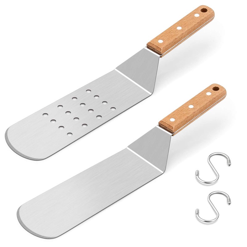 HaSteeL Metal Spatula Set, HaSteeL Stainless Steel Griddle Spatula Tools Kit with Wooden Handle, Heavy Duty Long Pancake Flipper Burger Turner for BBQ Teppanyaki Flat Top Grilling Cooking Outdoor & Indoor - Image 1