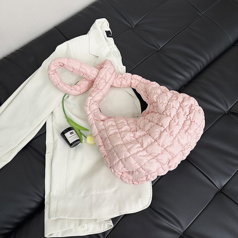 Korean Pleated Cloud Puffer Tote Crossbody Bag Pink meat