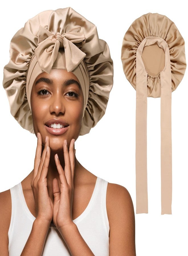 AWAYTR Satin Hair Bonnet Wide Band - Silk Like Sleeping Bonnets for Curly Hair Hair Wrap for Night Cap with Tie Band Breathable Satin Bonnet for Women and Girls (Coffee) - Image 1
