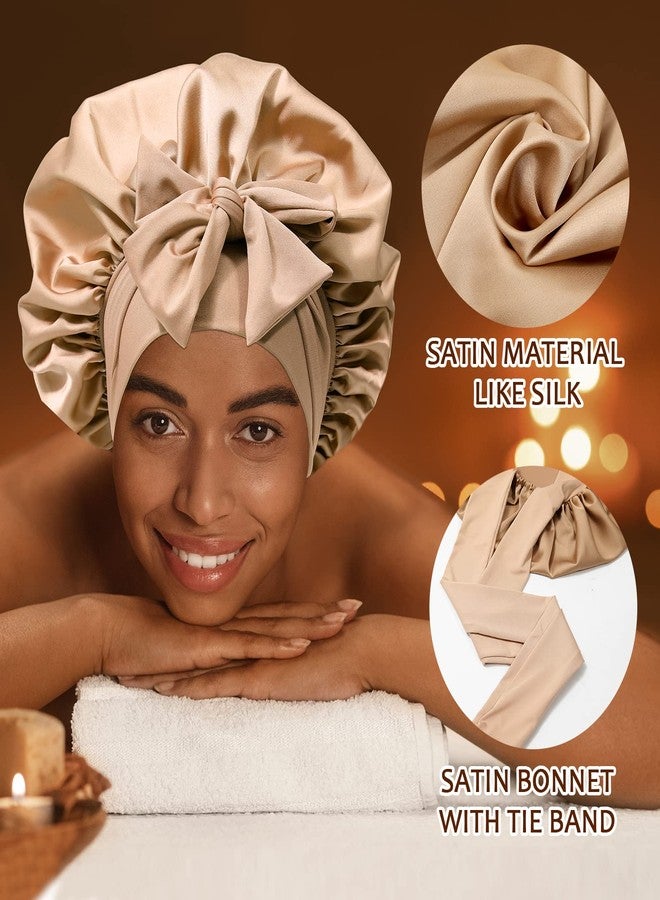 AWAYTR Satin Hair Bonnet Wide Band - Silk Like Sleeping Bonnets for Curly Hair Hair Wrap for Night Cap with Tie Band Breathable Satin Bonnet for Women and Girls (Coffee) - Image 2