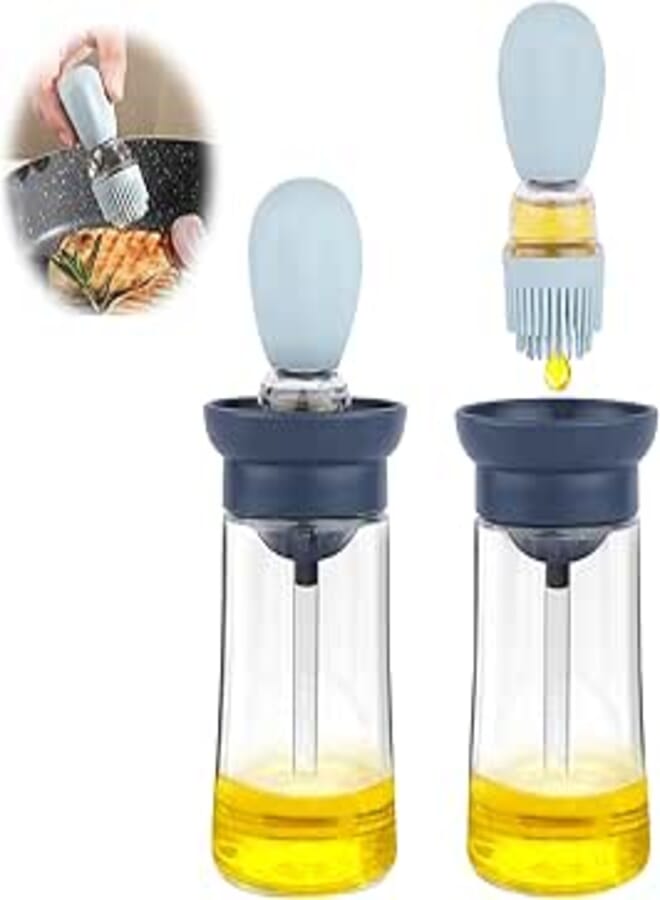 FARI Glass Olive Oil Dispenser Bottle with Silicone Brush 2 in 1 for Kitchen Cooking Frying Baking BBQ Pancake (1, Blue)