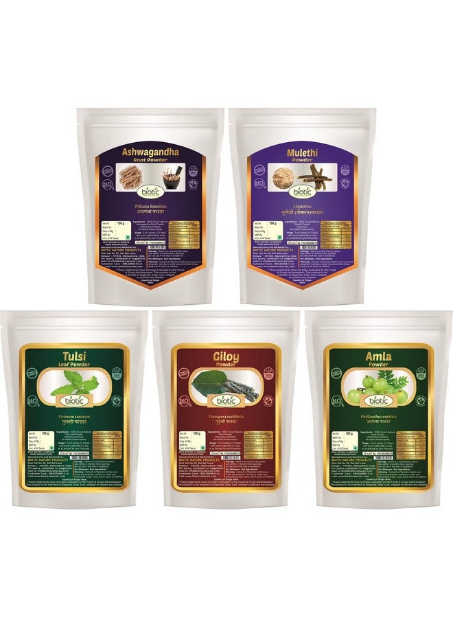 Biotic مسحوق أشتوغاندا، جيلوي، تولسي، أملّا وموليثي لتعزيز المناعة (100 جرام لكل منها) - 500 جرام - Image 1
