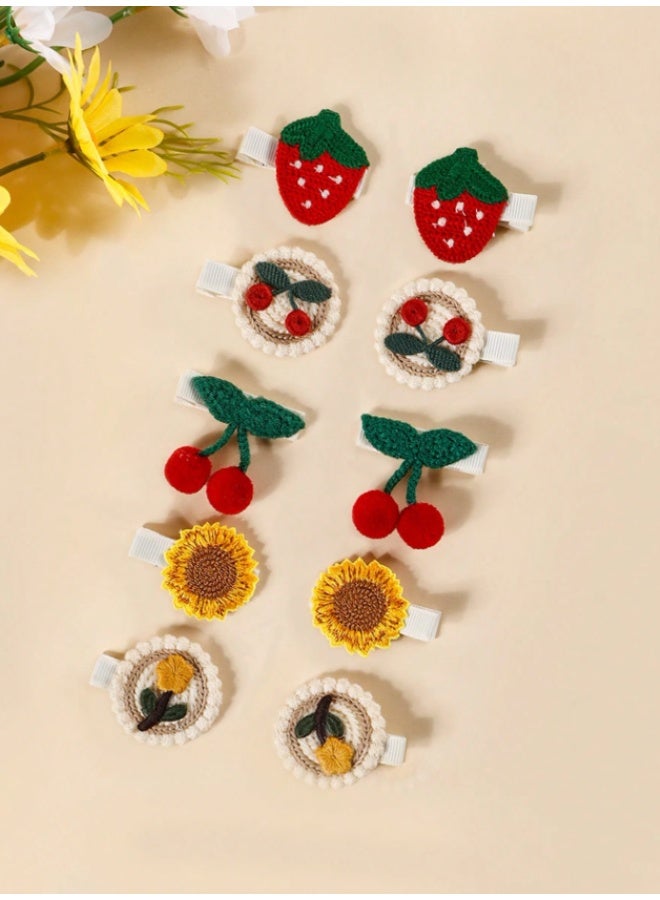 10-Piece Baby Girl Crochet Hair Clips Set – Handmade Fruit & Flower Snap Barrettes – Strawberry, Cherry & Sunflower Designs – Cute Non-Slip Toddler Hair Accessories - Image 1