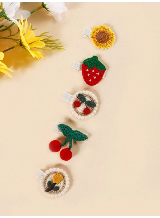 10-Piece Baby Girl Crochet Hair Clips Set – Handmade Fruit & Flower Snap Barrettes – Strawberry, Cherry & Sunflower Designs – Cute Non-Slip Toddler Hair Accessories - Image 2