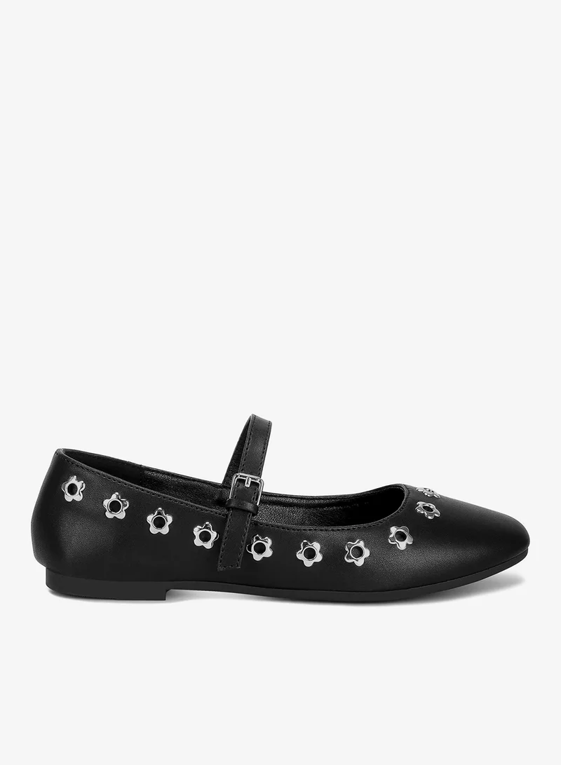 Floral Eyelet Strapped Ballerinas in Black