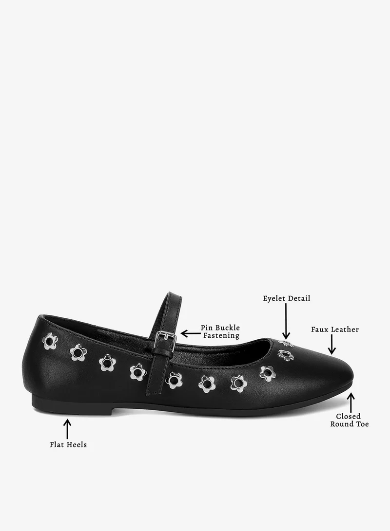 London Rag Black Floral Eyelet Strapped Ballerinas in Black for Women | Best Price UAE