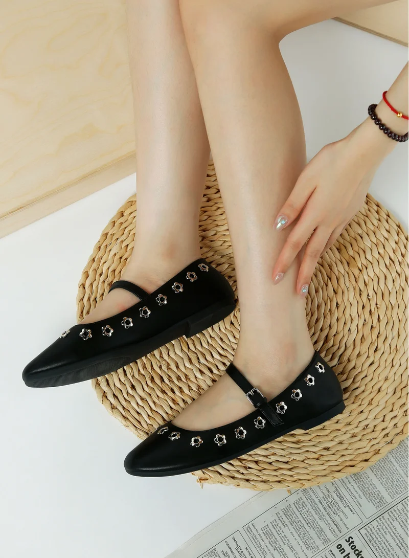 London Rag Black Floral Eyelet Strapped Ballerinas in Black for Women | Best Price UAE