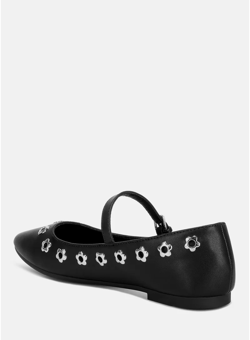 London Rag Black Floral Eyelet Strapped Ballerinas in Black for Women | Best Price UAE