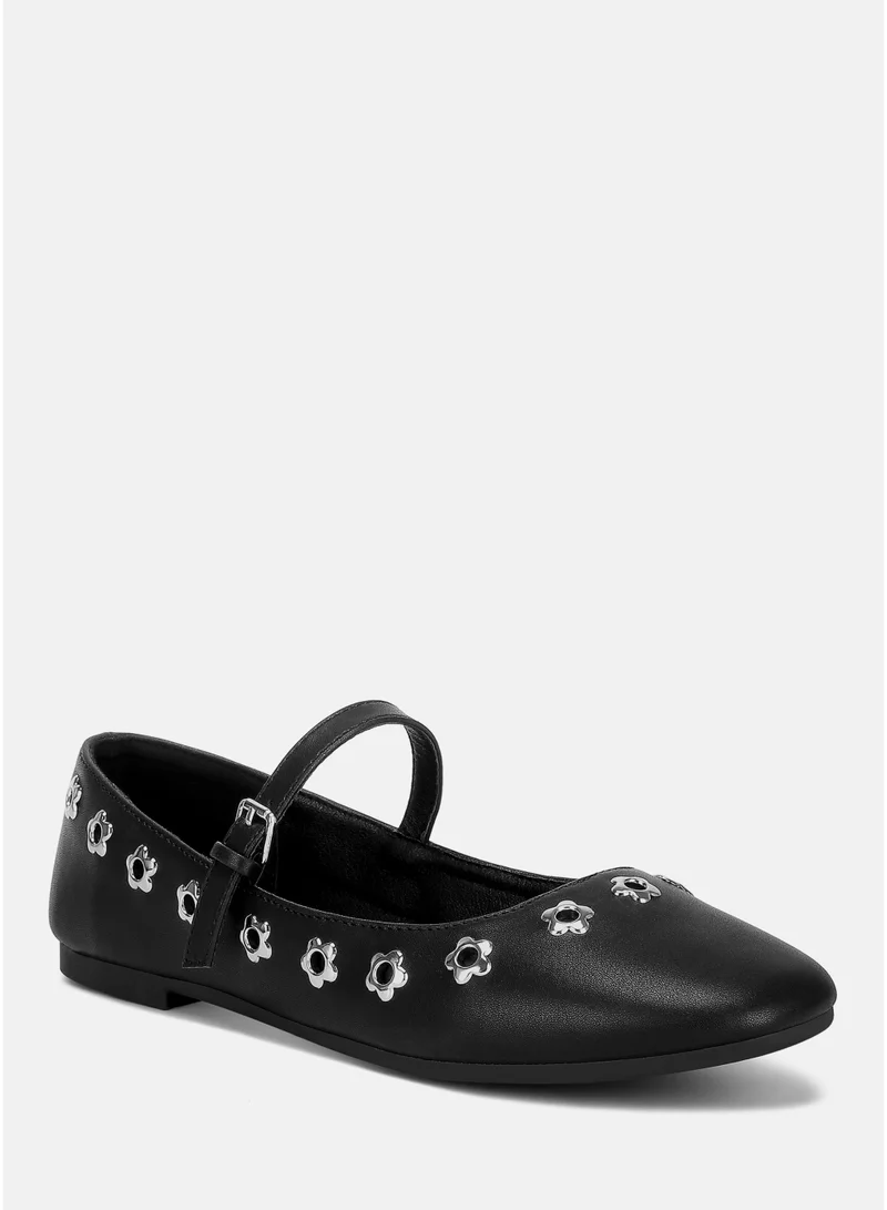London Rag Black Floral Eyelet Strapped Ballerinas in Black for Women | Best Price UAE