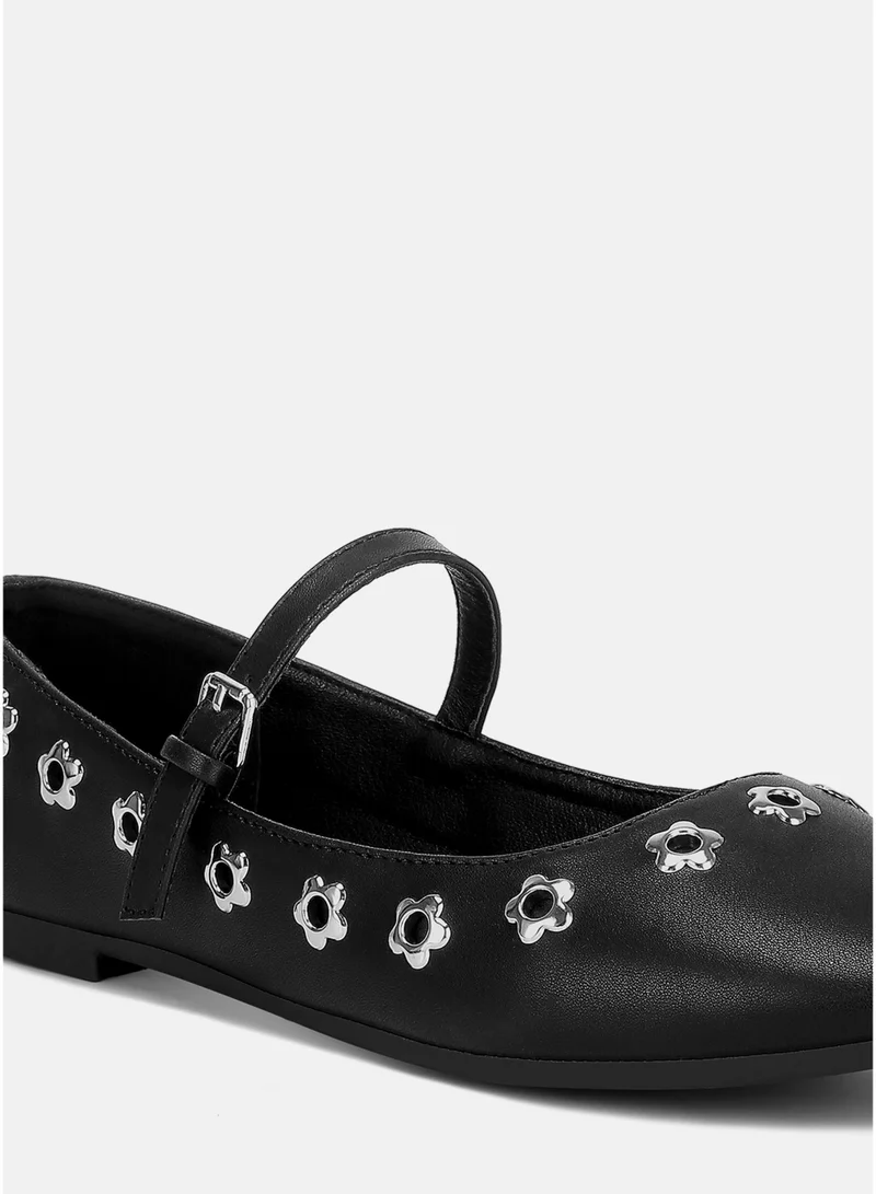 London Rag Black Floral Eyelet Strapped Ballerinas in Black for Women | Best Price UAE