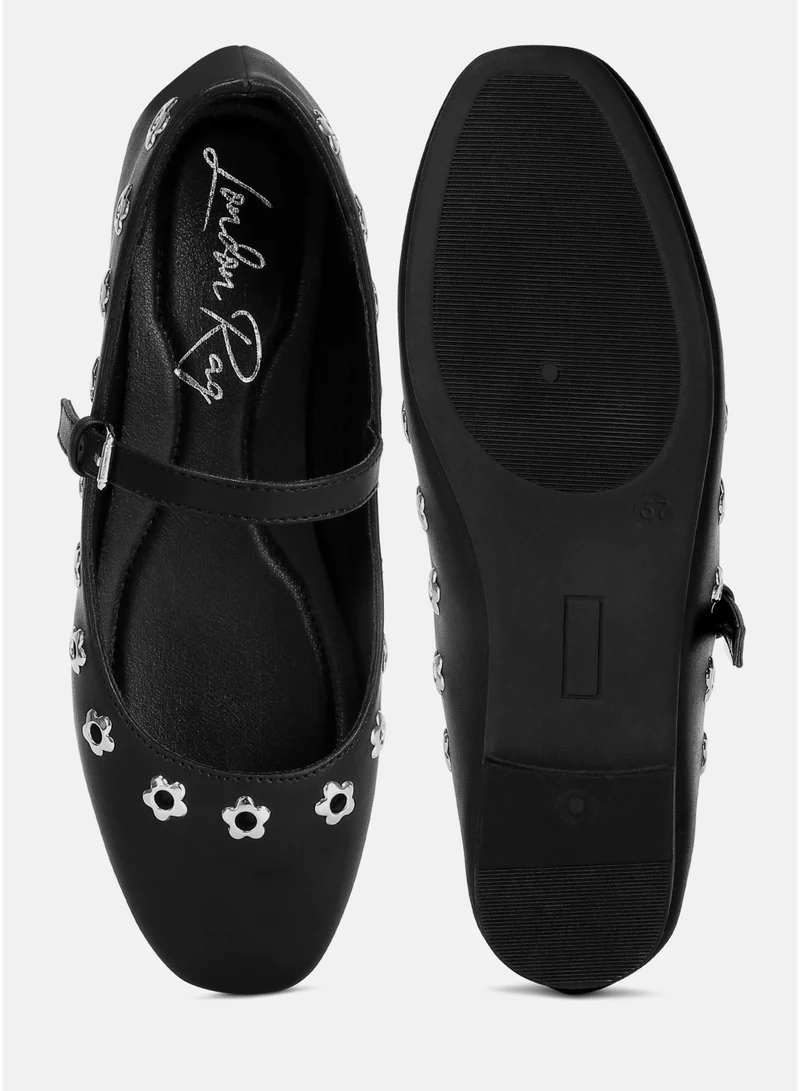 London Rag Black Floral Eyelet Strapped Ballerinas in Black for Women | Best Price UAE