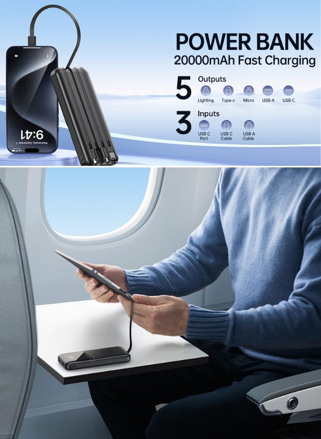 Chase Up Portable Charger with Built in Cable-20000mAh Fast Charging 22.5W Slim Power Bank USB C LED Display Travel Battery Pack 5 Outputs & 3 Inputs for iPhone, Samsung, iPad etc - Image 2