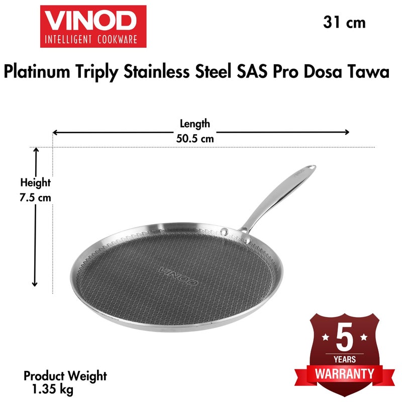 VINOD Vinod SAS Pro Platinum Triply Stainless Steel Dosa Tawa 31 cm 40 mm Thick Hexa Design Metal Spoon Friendly Riveted Handle Gas Induction Base 5Year Warranty  - Image 5
