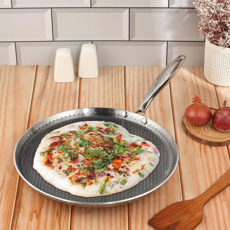 VINOD Vinod SAS Pro Platinum Triply Stainless Steel Dosa Tawa 31 cm 40 mm Thick Hexa Design Metal Spoon Friendly Riveted Handle Gas Induction Base 5Year Warranty  - Image 2