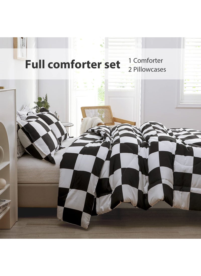 LUCKYBULL LUCKYBULL Full Comforter Set 3 Pieces Fluffy Bedding Set Black Plaid Down Alternative Comforter  Checkered Soft Textured Comforter with 2 Pillowcases All Seasons  Black and White  - Image 2