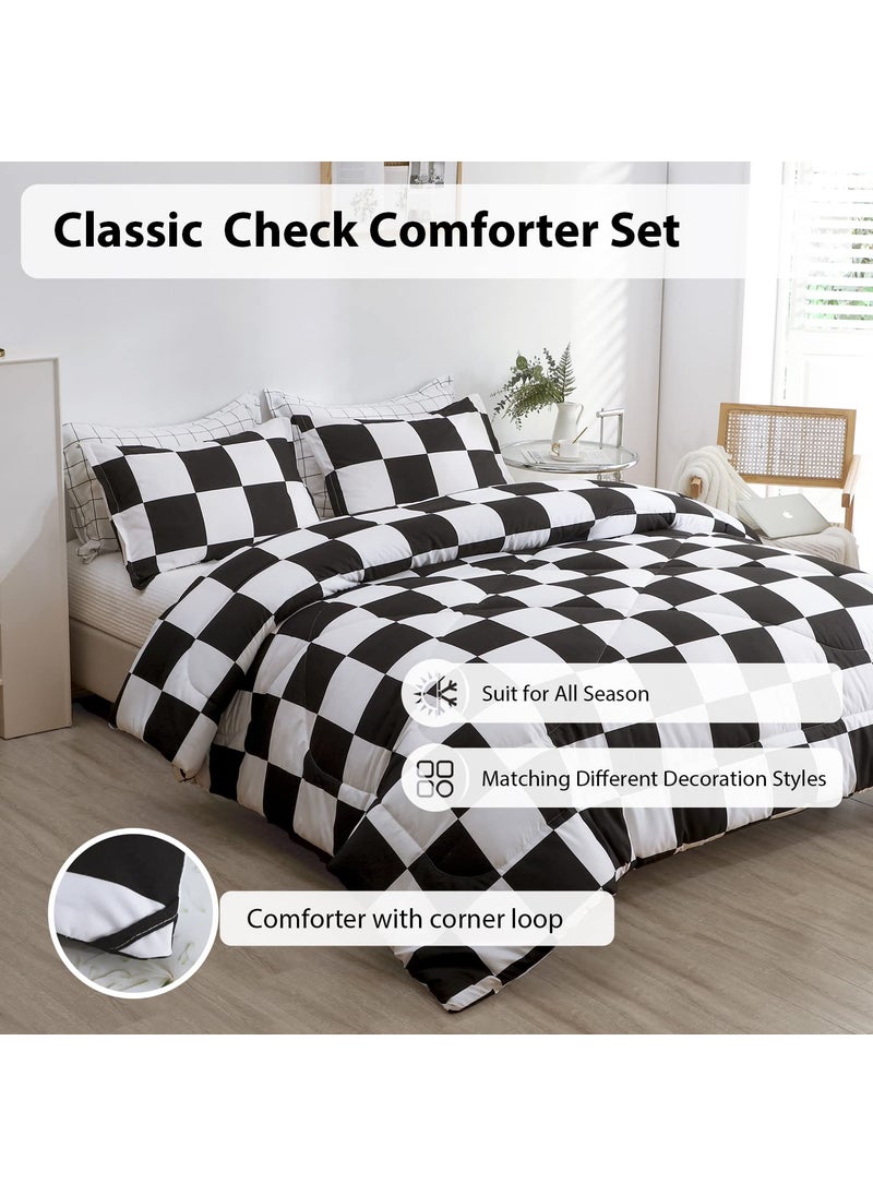 LUCKYBULL LUCKYBULL Full Comforter Set 3 Pieces Fluffy Bedding Set Black Plaid Down Alternative Comforter  Checkered Soft Textured Comforter with 2 Pillowcases All Seasons  Black and White  - Image 4