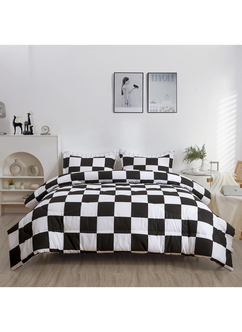 LUCKYBULL LUCKYBULL Full Comforter Set 3 Pieces Fluffy Bedding Set Black Plaid Down Alternative Comforter  Checkered Soft Textured Comforter with 2 Pillowcases All Seasons  Black and White  - Image 1