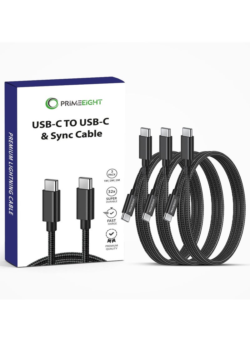 PRIMEEIGHT [3 PACK] USB C TO C Cable 1/2/2 meter fast charging Compatible with iPad and iPhone 15 / 15 Plus / 15 Pro / 15 Pro Max and Samsung Galaxy Black - Image 1