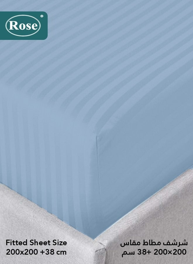 Rose Luxurious Hotel Stripe Fitted Sheet with Deep Pockets and Pillow Cases, Bed Sheet 3-Pieces Set, Soft & Silky Microfiber Breathable and Cooling, King Size 200x200 cm, Light Blue - Image 2