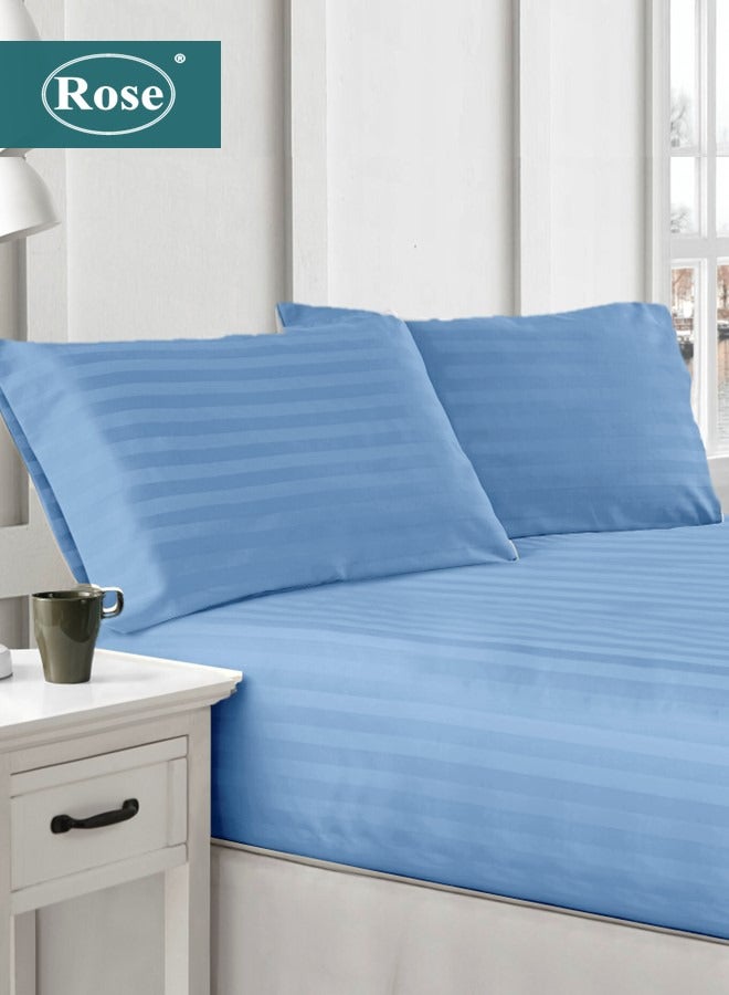 Rose Luxurious Hotel Stripe Fitted Sheet with Deep Pockets and Pillow Cases, Bed Sheet 3-Pieces Set, Soft & Silky Microfiber Breathable and Cooling, King Size 200x200 cm, Light Blue - Image 1