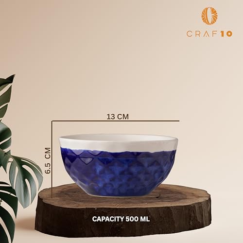 CRAF10 Diamond Cut Designer Bowl 400 ML Ceramic Bowl Dishwasher & Microwave Safe Bowl Mixing Bowl for Snacks Pasta Rice Dal Fruits Salad Noodles | Ideal for Storing, Reheating | Navy Blue | Set of 2 - Image 3