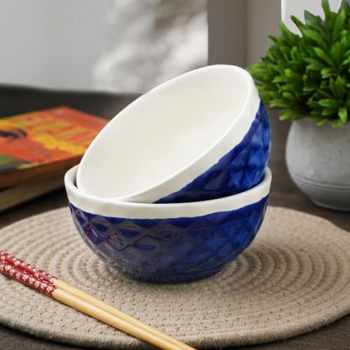 CRAF10 Diamond Cut Designer Bowl 400 ML Ceramic Bowl Dishwasher & Microwave Safe Bowl Mixing Bowl for Snacks Pasta Rice Dal Fruits Salad Noodles | Ideal for Storing, Reheating | Navy Blue | Set of 2 - Image 2