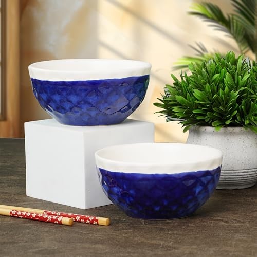 CRAF10 Diamond Cut Designer Bowl 400 ML Ceramic Bowl Dishwasher & Microwave Safe Bowl Mixing Bowl for Snacks Pasta Rice Dal Fruits Salad Noodles | Ideal for Storing, Reheating | Navy Blue | Set of 2 - Image 1