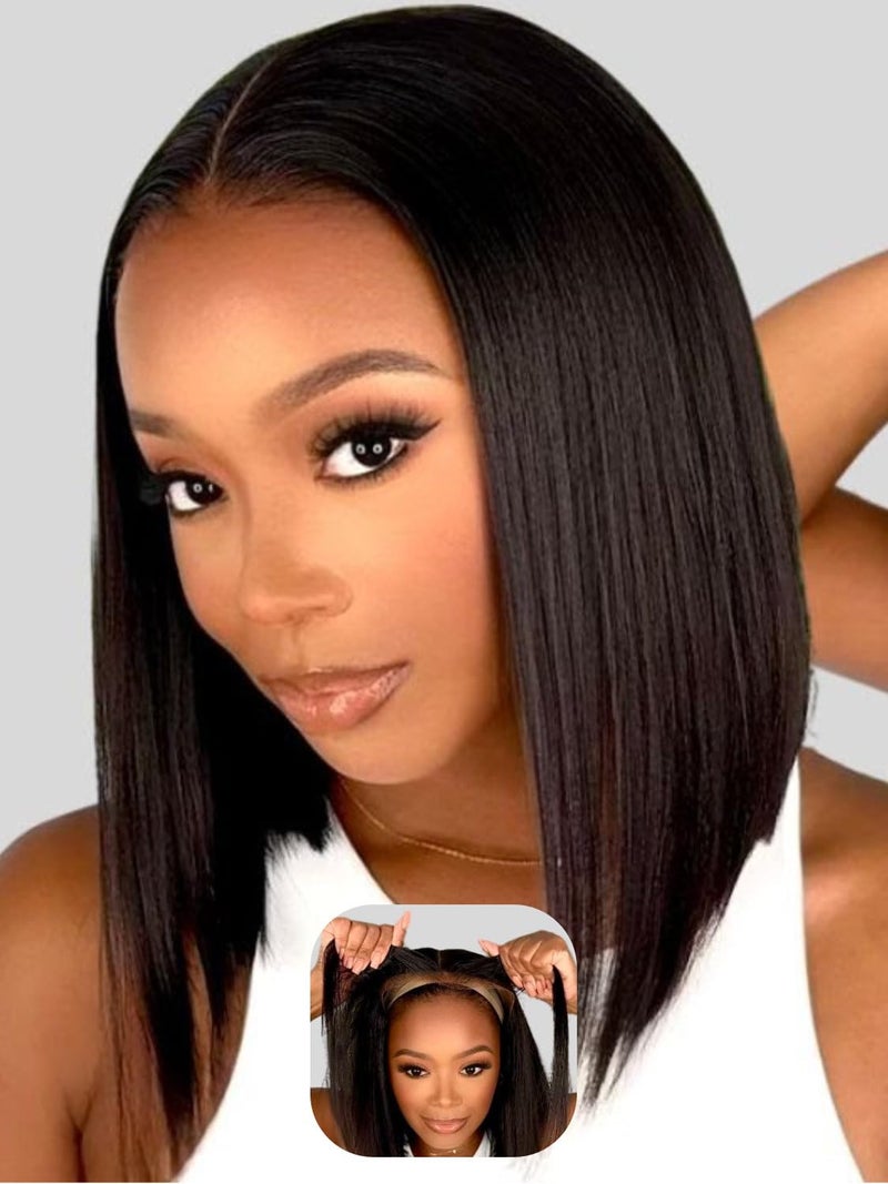 Beauty Forever 13x4 PreEverything Glueless Yaki Straight Pre Cut Lace Front Wigs Bob Wig Human HairBye Bye Knots Short Bob Wigs Pre Bleached with Ear to Ear Lace Pre Plucked 150 Density 10inch