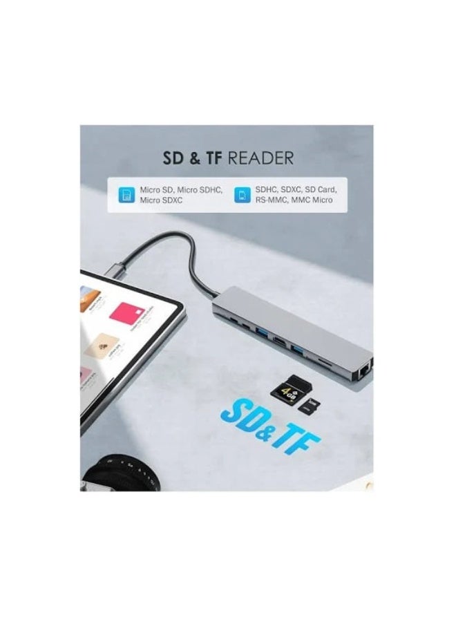 Type-C To HDTV 8 In 1 Adapter, With 4K HDMI, PD Power Delivery, USB-C / Ethernet / 2 USB / SD/TF Card Reader, Compatible With Smartphones / Card Readers, Gray - Image 3