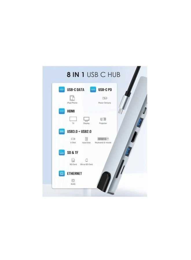 Type-C To HDTV 8 In 1 Adapter, With 4K HDMI, PD Power Delivery, USB-C / Ethernet / 2 USB / SD/TF Card Reader, Compatible With Smartphones / Card Readers, Gray - Image 2