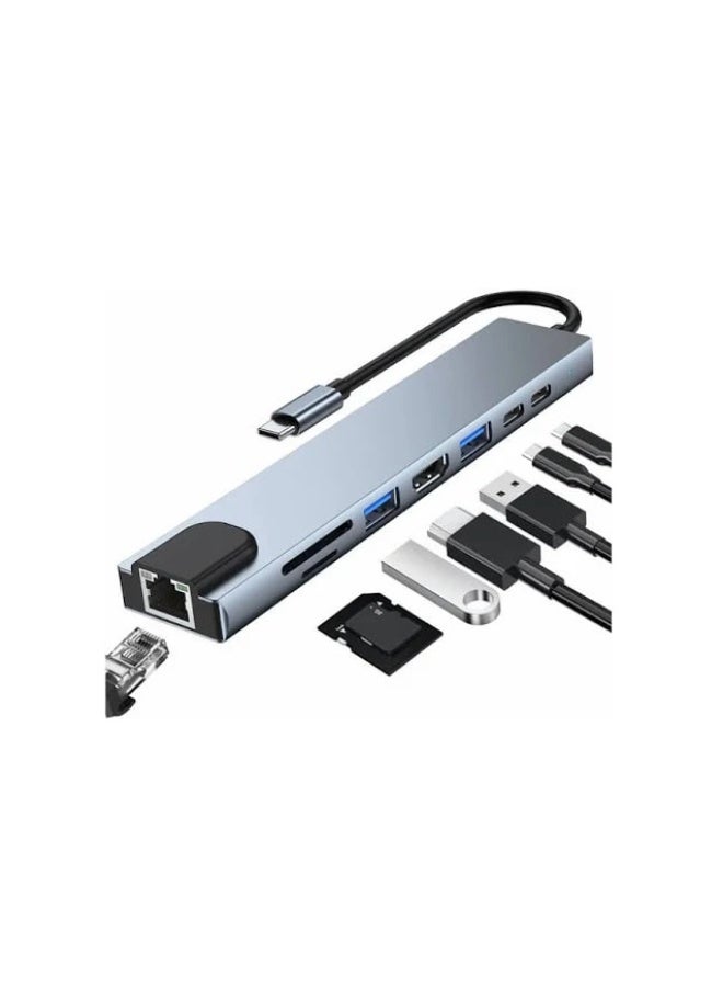 Type-C To HDTV 8 In 1 Adapter, With 4K HDMI, PD Power Delivery, USB-C / Ethernet / 2 USB / SD/TF Card Reader, Compatible With Smartphones / Card Readers, Gray - Image 1