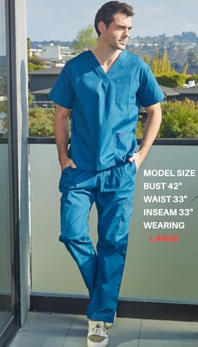 Dagacci Medical Uniform Dagacci Scrubs for Men Set - V-Neck Scrub Top and Cargo Pants - 8 Pockets Men Scrubs Set (X-Small, Caribbean) - Image 4
