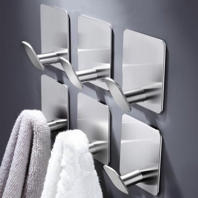 DELITON Adhesive Towel Hooks on Wall: Robe Hooks for Hanging Clothes Hats Stick on Bathroom/Kitchen SUS 304 Stainless Steel Silver - Image 1