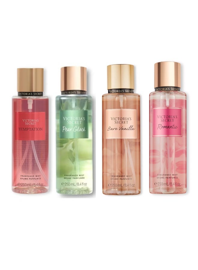 Victorias Secret - Beauty Women’s Fragrance Mist Combo Pack (4 x 250ml) – TEMPTATION, PEAR GLACE, BARE VANILLA, ROMANTIC Body Spray Set - Image 1