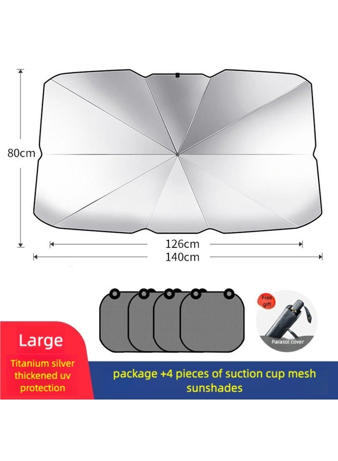 Generic Foldable Car Windshield Sun Shade Umbrella – UV & Heat Reflector with 4 Mesh Side Window Sunshades – Universal Fit Sun Visor Protector for Front Windshield  - Image 1